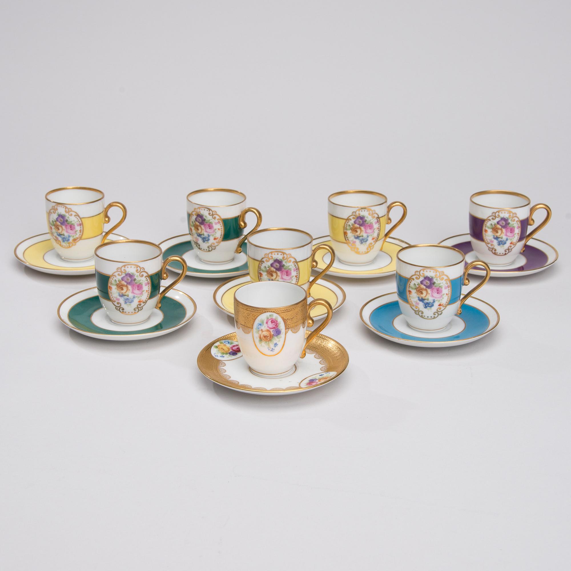 MOCCAKOPPAR MED FAT, 8 st, porslin, Rosenthal Bavaria, 1920-30-tal.