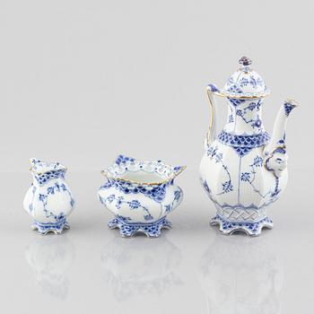 A 'Blue Fluted Full Lace' porcelain coffee pot, creamer and sugar bowl, Royal Copenhagen, 1030, 1031, 1112, 1950/60s,.