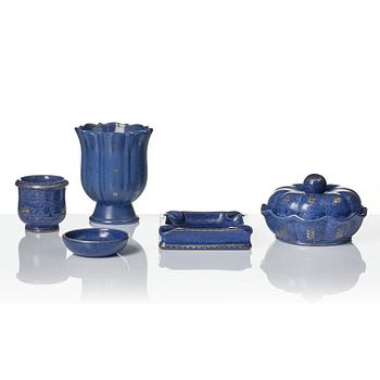 Wilhelm Kåge, a set of two Argenta stoneware vases, two dishes and a bowl with lid, Gustavsberg 1930s-50s.