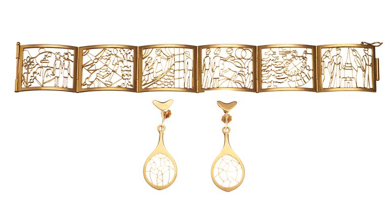 A unique Sigurd Persson 19k gold bracelet and a pair of earrings, Stockholm 1946 and 1953,