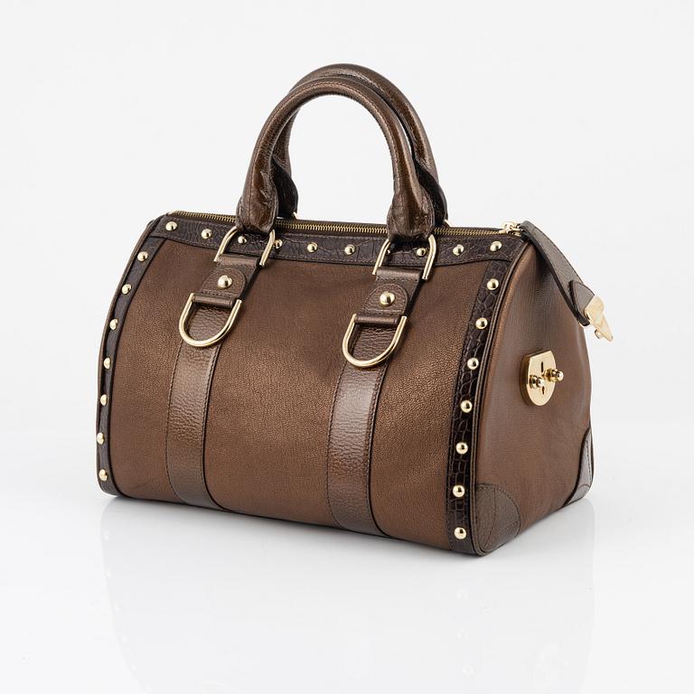 Versace, a bronze metallic leather handbag.