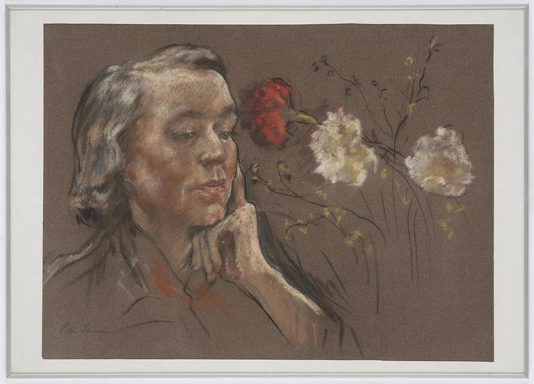 Lotte Laserstein, Woman's portrait with flowers.