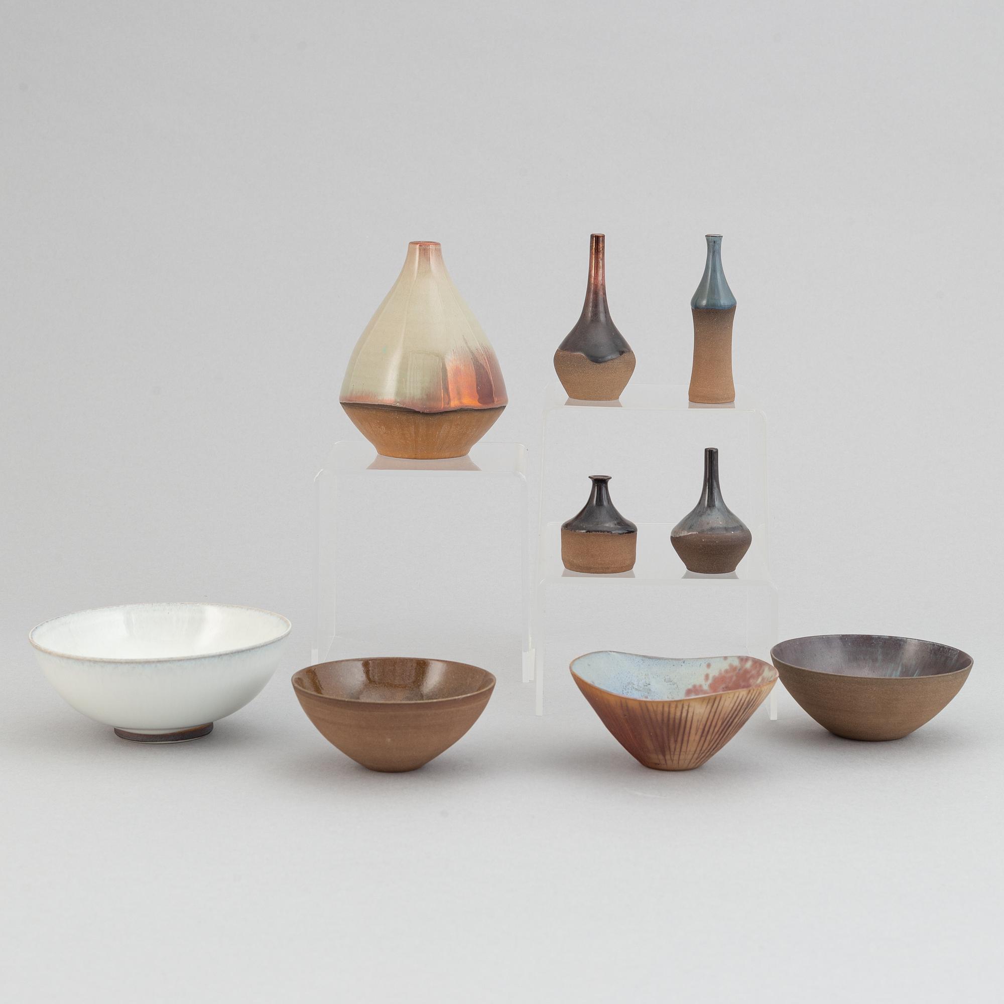 Sven Hofverberg, a set of five stoneware vases and four bowls, mid 20th Century.