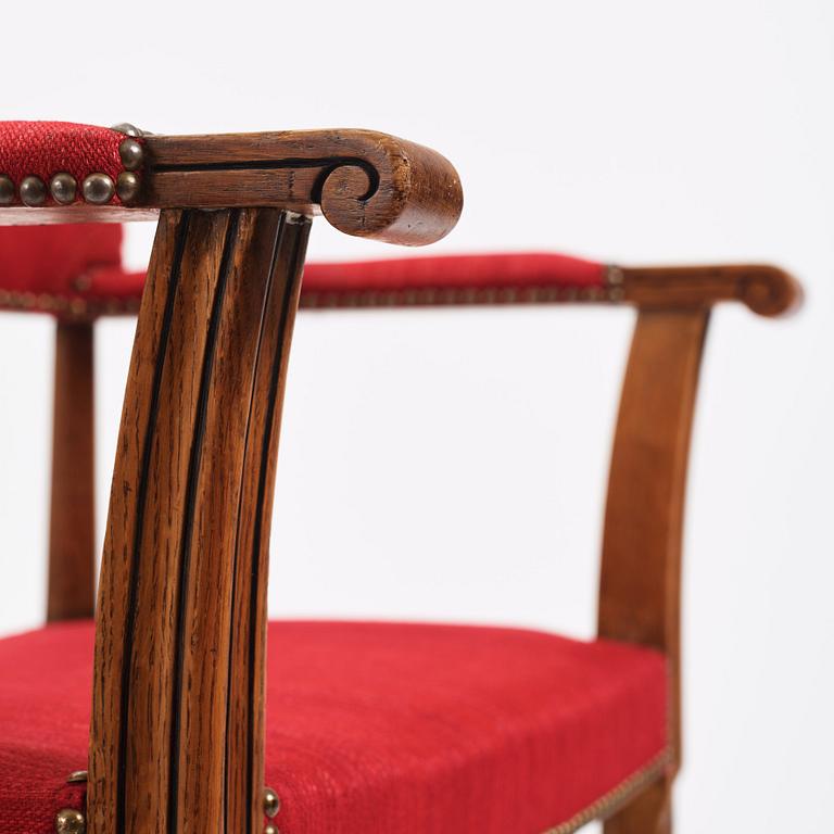 Carl Bergsten, a pair of oak easy chairs, Nordiska Kompaniet, 1923, ordered for the 1923 Jubilee Exhibition in Gothenburg.