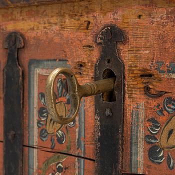 A painted provincial chest, Norbotten, Sweden, dated 1827.