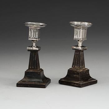 A pair of Swedish early 19th century silver and wood candlesticks, marks of Lorenz Georg Weis, Norrköping (1791-1829).