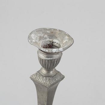 Candelabrum and two candlesticks, tin, by Nils Justelius and Niclas Anström, Eksjö and Växjö, first half of the 19th century.