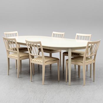 CARL MALMSTEN, matgrupp, 7 delar, 6 stolar samt bord. Två iläggskivor medföljer.