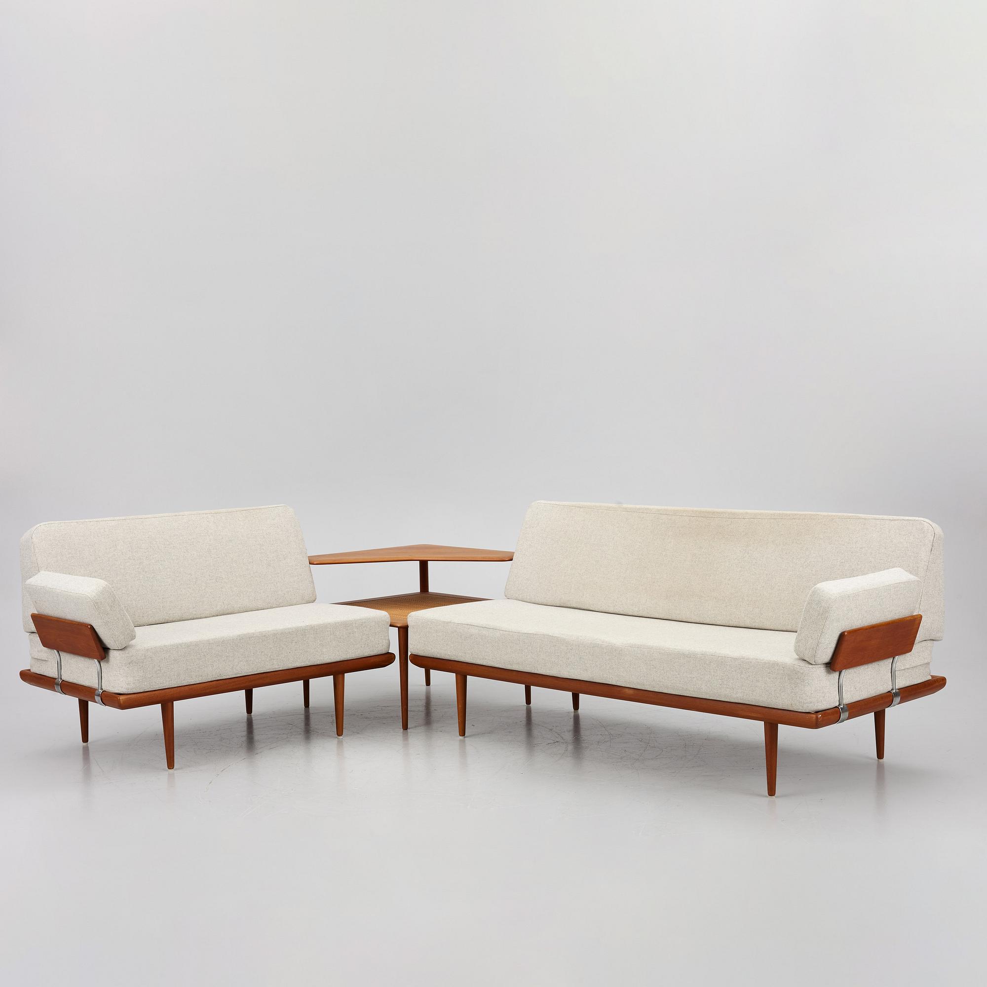 Peter Hvidt & Orla Mølgaard Nielsen, two 'Minerva' sofas and a coffee table, France & Son, Denmark, 1960's.