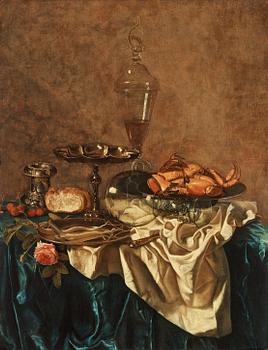 Willem-Claesz Heda Follower of, Still life with a crab, glass trophy, a rose and cherries.