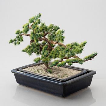 Two Japanese stoneware planting trays, one with a plastic bonsai tree, Nordiska Kompaniet, Sweden 1970s.