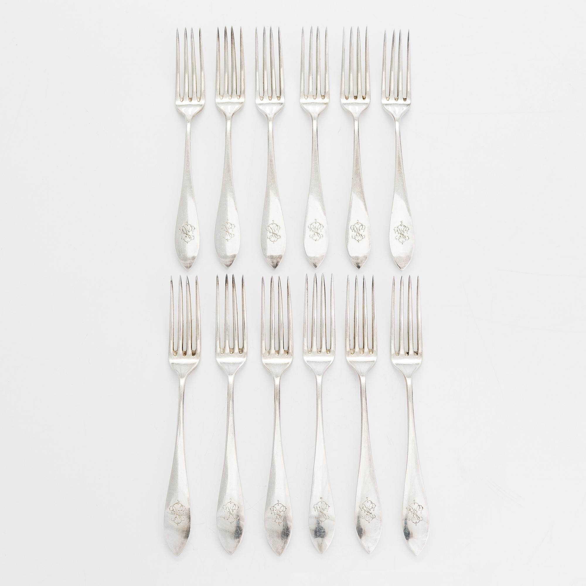 Bestickuppsättning för 12, totalt 108 delar, silver, Warszawa, Polen 1931-1963.