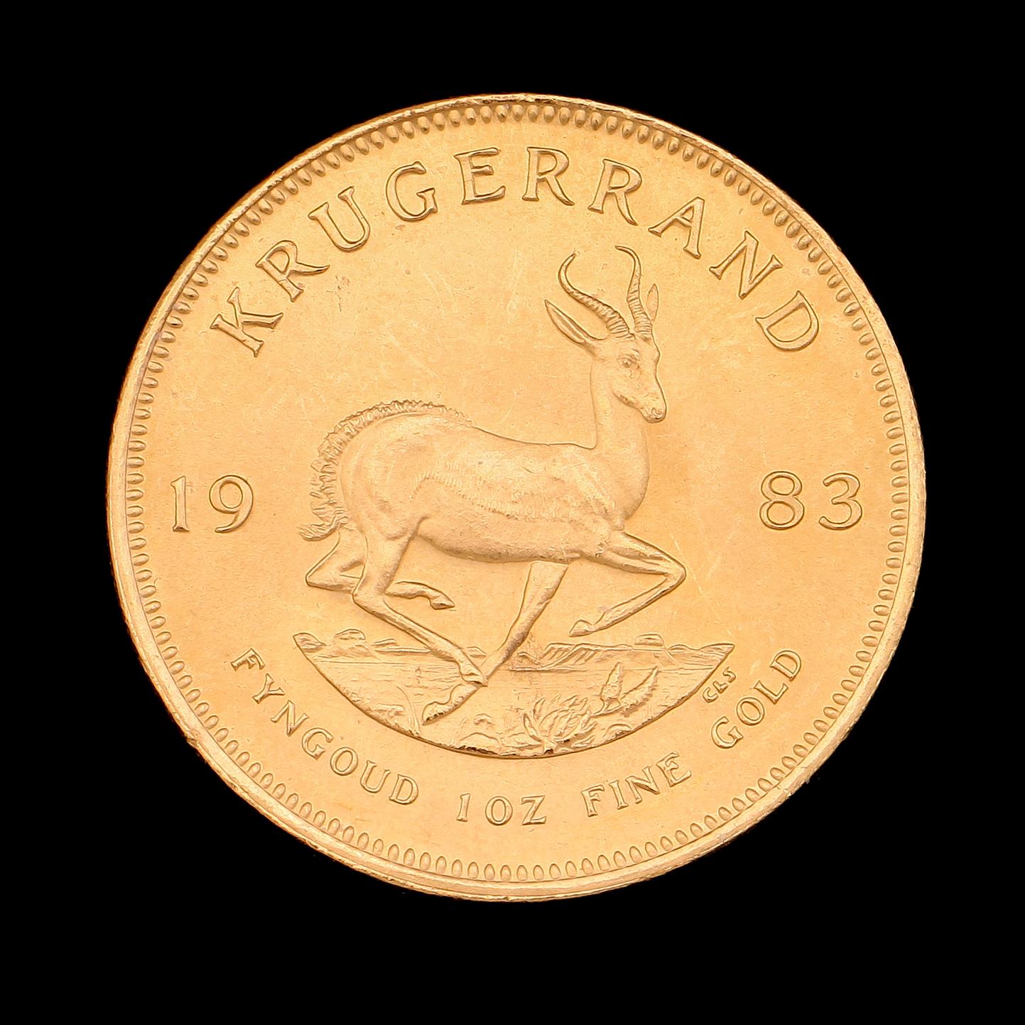 GULDMYNT, finguld, Krugerrand, Sydafrika, 1983. Vikt ca 34 g.