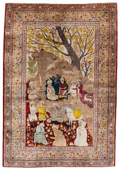 127. A CARPET, a semi-antique silk Tabriz figural, signed Haddad, 180,5 x 123,5 cm.