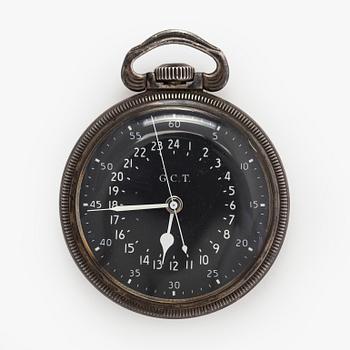Pocket watch, Hamilton Watch Co, GCT Military watch, 52 mm, silver (800), manual, plastic crystal.