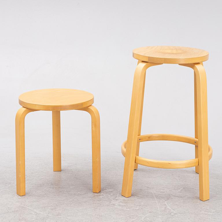 Alvar Aalto, two stools, Bar Stool model 64 and Stool model 60, Artek.