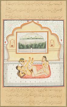 Unidentified artist, Erotic scenes in interiors, India, 20th century. Two pieces.