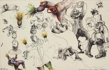 Ulf Rahmberg, mixed media on paper, dated dec XXII -83. On verso signed with monogram.