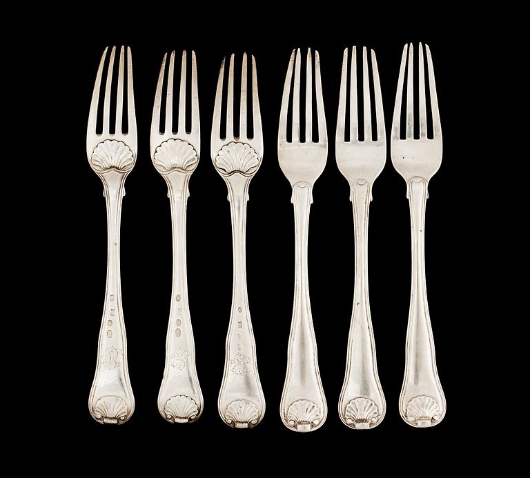 GAFFLAR, 6 st, silver. Köpenhamn 1824. Engelsk snäckmodell.