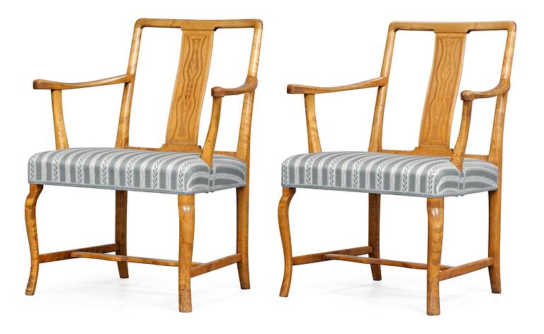 A set of 4 Carl Malmsten birch chairs and 2 armchairs, Nordiska Kompaniet 1920's.