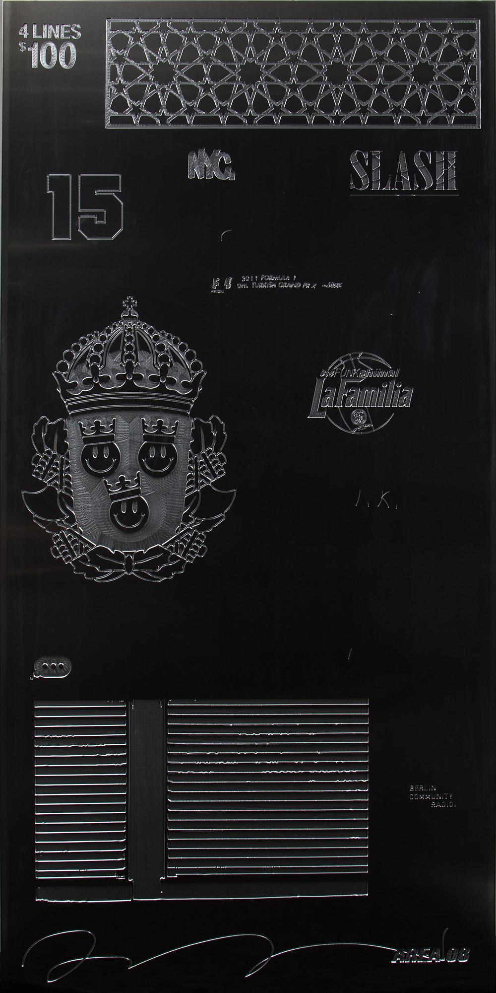 ILJA KARILAMPI, graverad aluminium signerad I.K, utförd 2015.