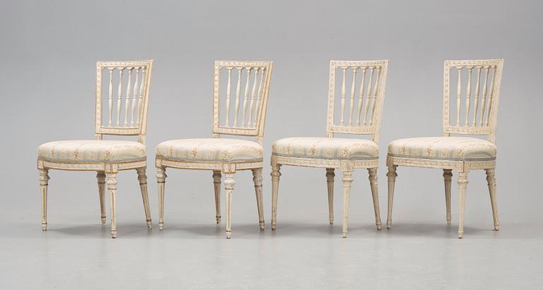 Four Gustavian late 18th century chairs.