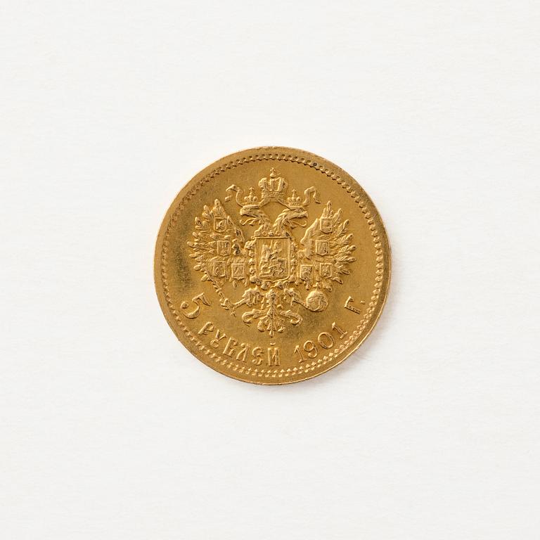 Gold coin, Nicholas II, Russia, 5 Rubles, 1901.