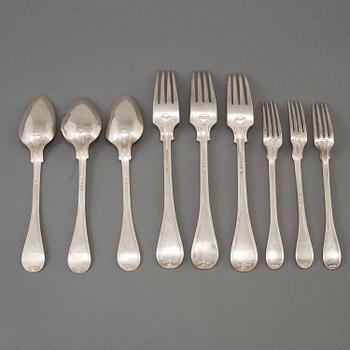 Six silver forks and three spoons, 1834-82.