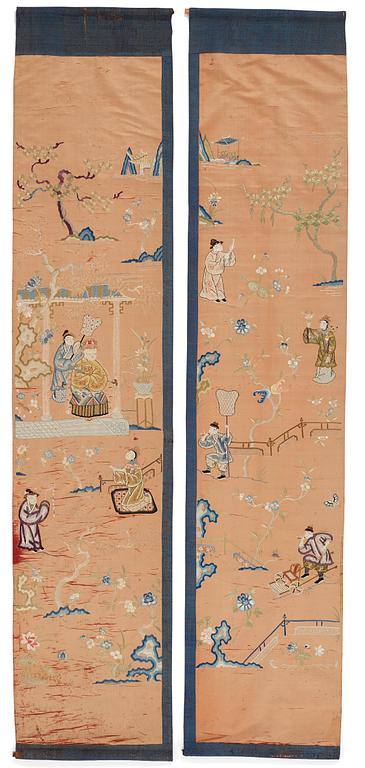 Two embroidered silk panels, late Qing dynasty.