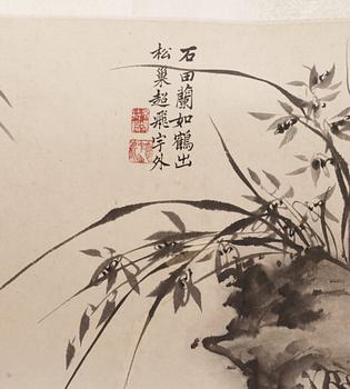 RULLMÅLNING med KALLIGRAFI, bambu och orkidéer, signerad Jie Wen, Qing Dynastin, troligen 1700-tal.