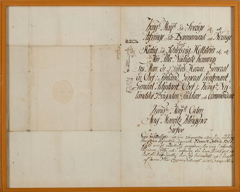 ADLIG OFFICERSFULLMAKT, undertecknad av Mauritz Klingspor, daterad Helsingfors 1802.