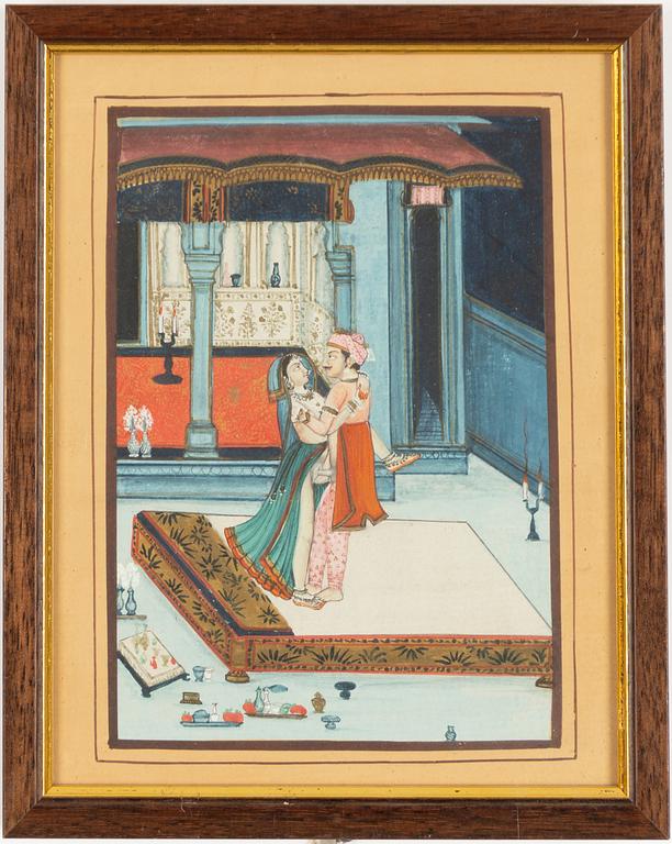 Unidentified artist, Erotic scenes in palace settings, India, 20th century. Two pieces.