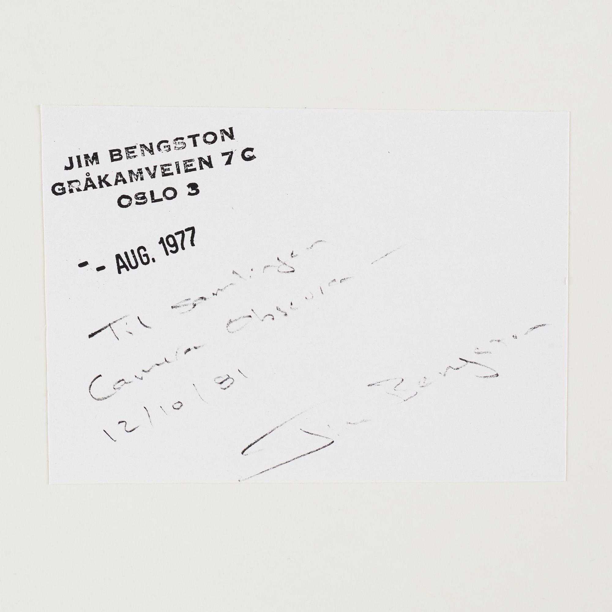 Jim Bengston, fotografi signerad a tergo.