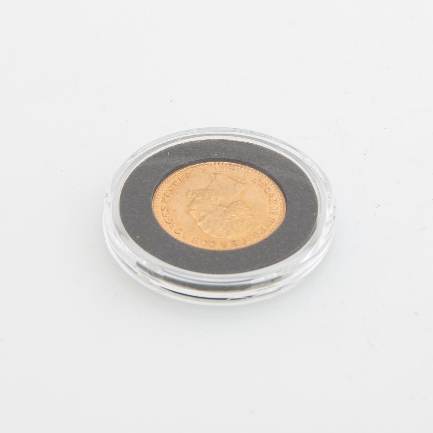 Guldmynt Sverige, Oscar II 10 kr, 1883, stort LA utan punkter.