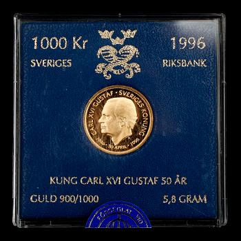 GULDMYNT, 1000 kr, Carl XVI Gustaf, 1996. Vikt 5,8 g.