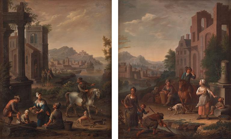 Dutch master, 18Th Century, Landscape with figures and buildings.