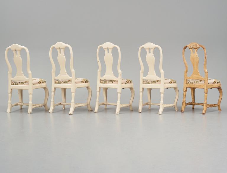 A set of five (3+2) rococo chairs attributed to J. E. Höglander (master in Stockholm 1777-1813).