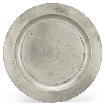 718. A Swedish pewter dish by J. G. Ryman 1764.