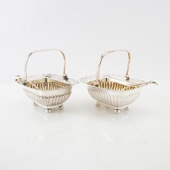 Sugar bowls 2 pairs and a cream jug, silver plate and glass, first half of the 20th century.