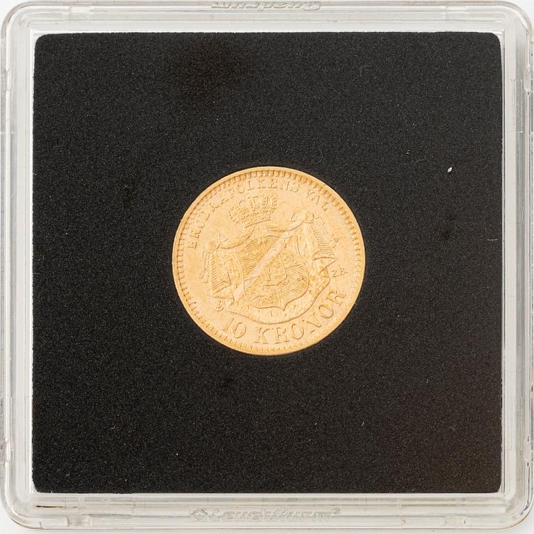 Guldmynt, Oscar II, 10 kronor, typ III, Sverige 1901.