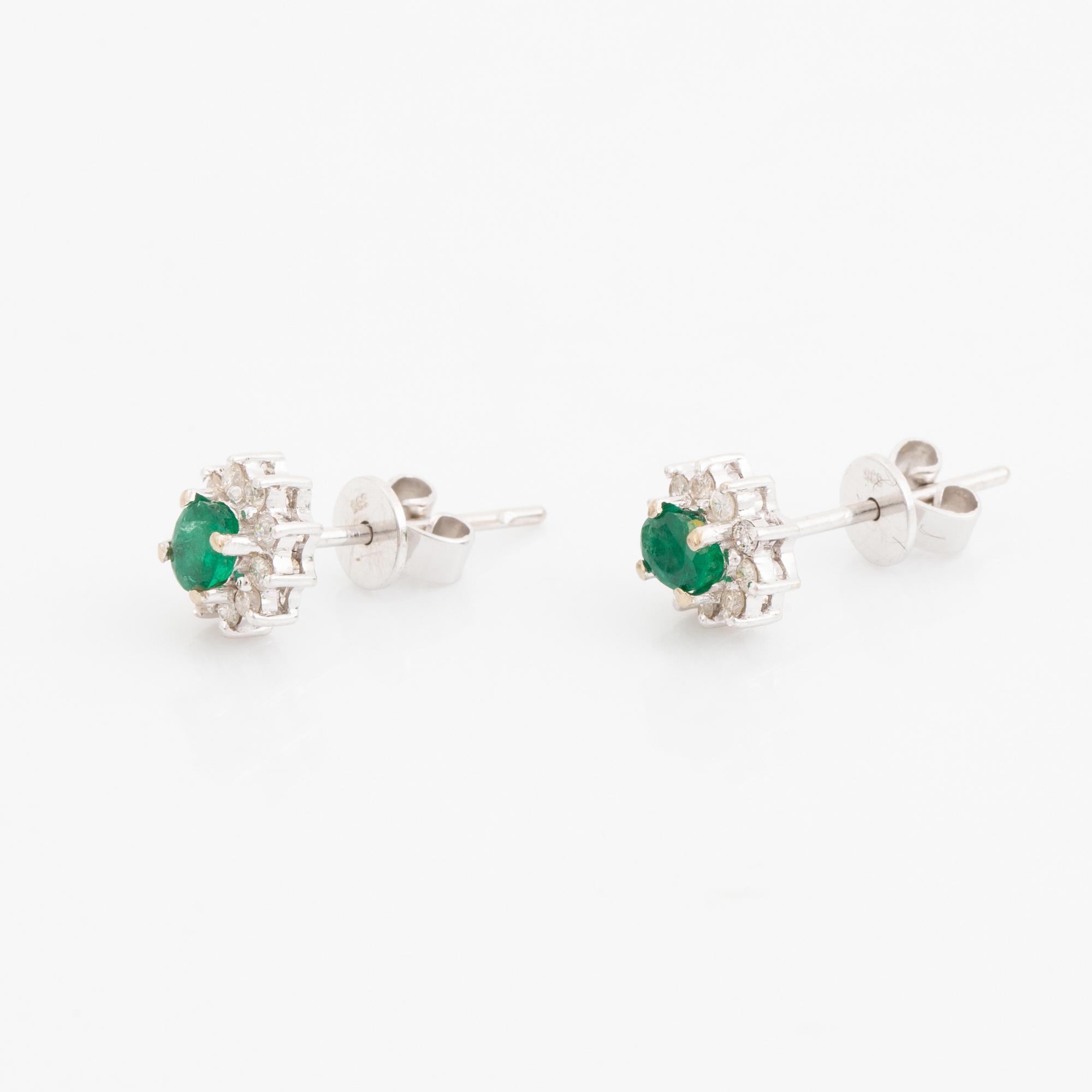 Emerald and brilliant cut diamond earrings.