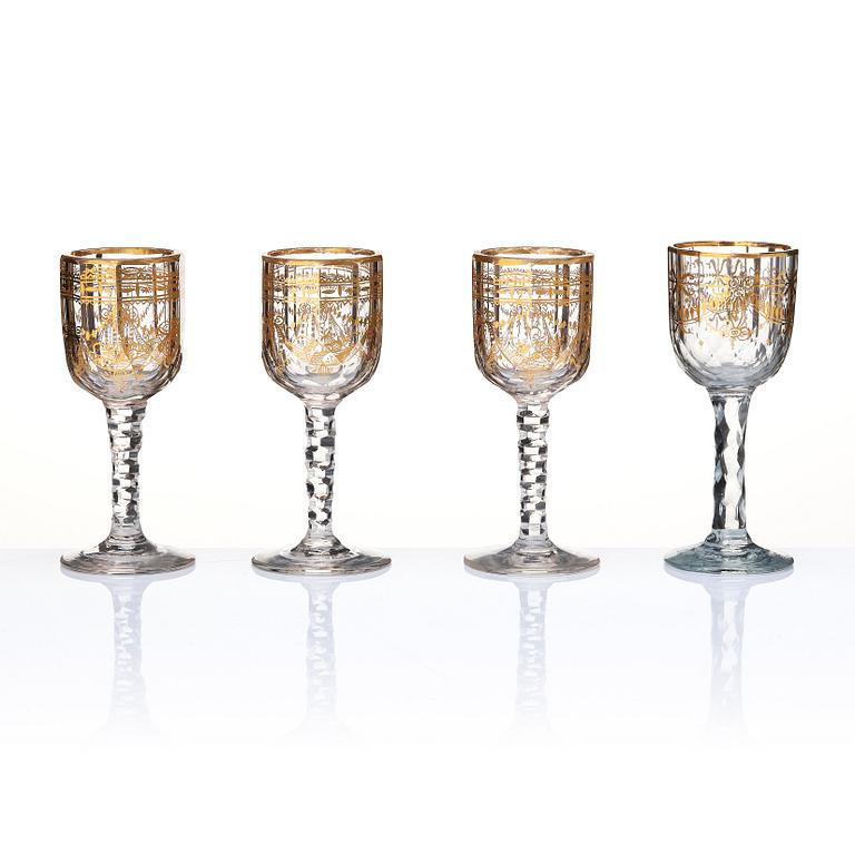 A set of seven cut and gilded glasses, 18th Century.