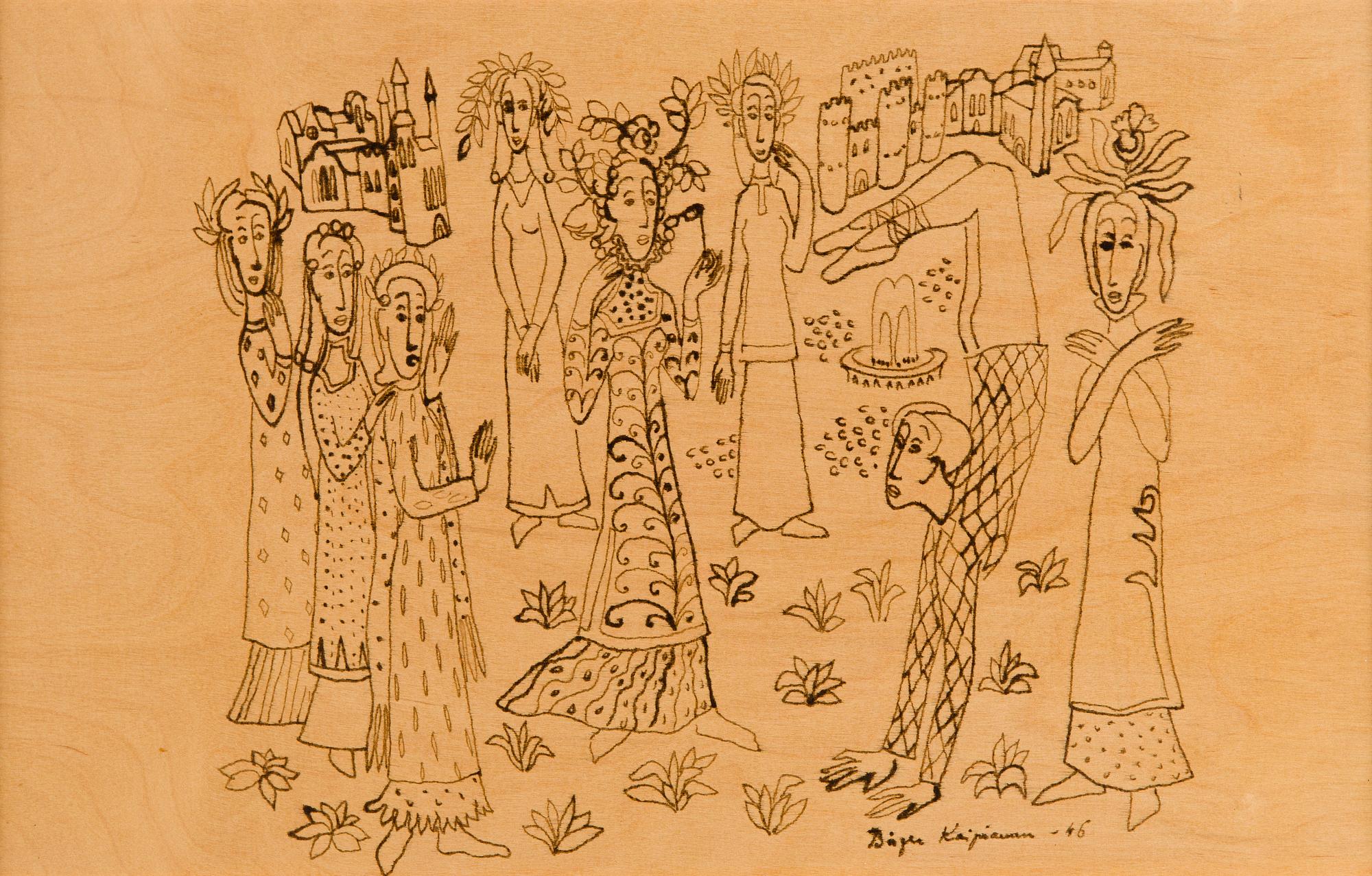 Birger Kaipiainen, piirros, tussi vanerille, signeerattu ja päivätty -46.