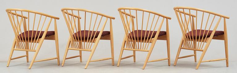 KARMSTOLAR, 4 st, "Solfjädern", Sonna Rosén, Gemla Möbelfabrik, formgiven 1948.