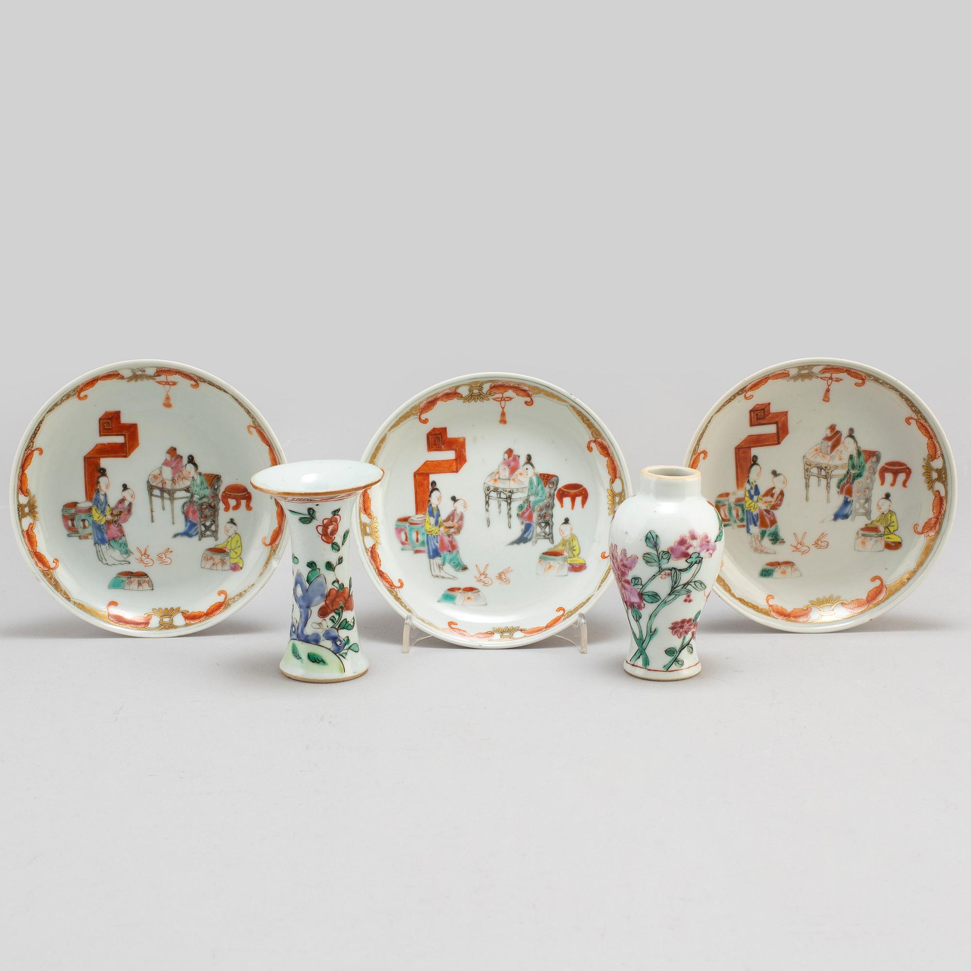 Two famille rose miniature vases, and three dishes, Qing dynasty, 18th century.