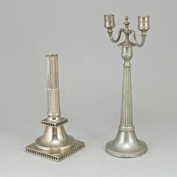 Two gustavian pewter candlesticks, one by Nicolaus Justelius, Eksjö 1806.