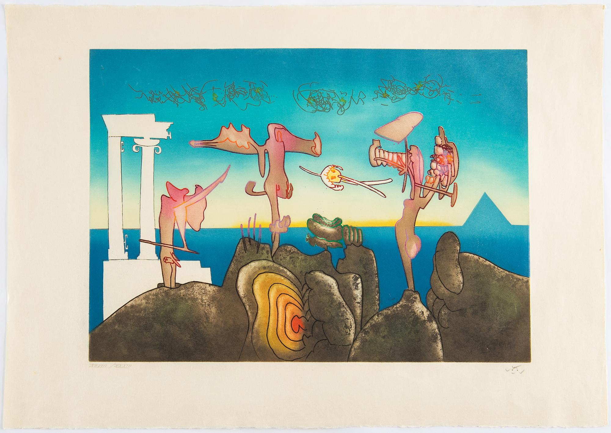 Roberto Matta, portfölj med 9  färgakvatinter (av ursprungligen 10), 1975, samtliga signerade och numr XXIIIV/XXXII.