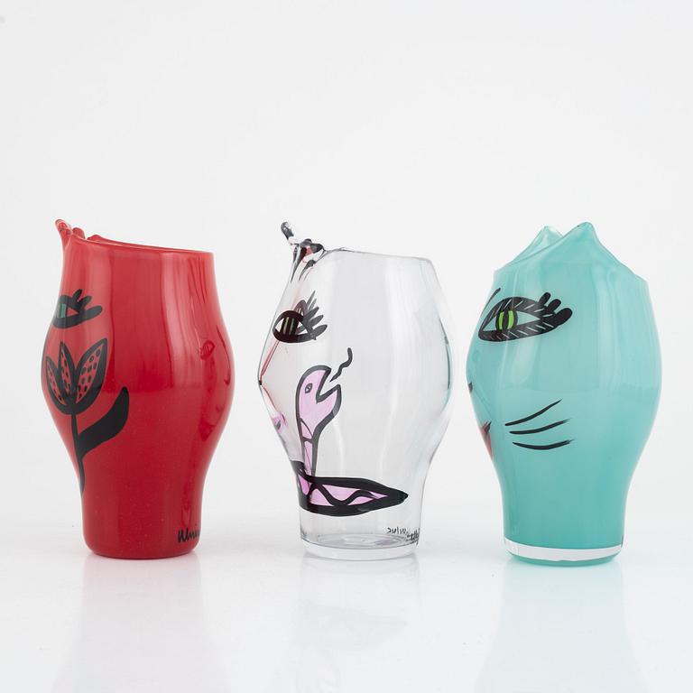 Ulrica Hydman-Vallien, vases, 3 pcs, from the "Open Minds" series, Kosta Boda, signed.