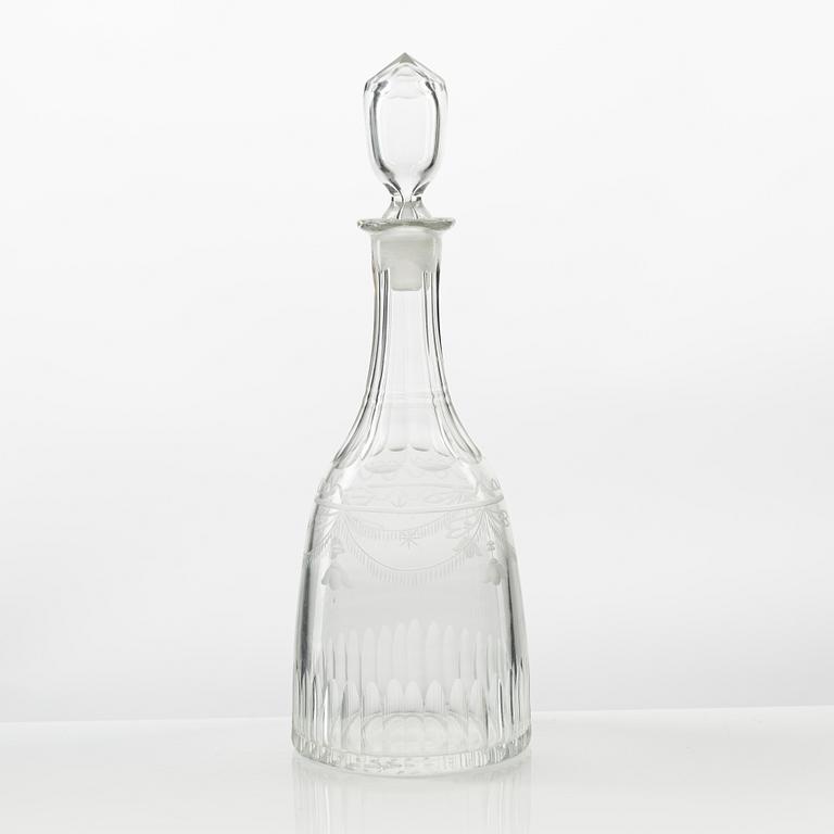 Spetsglas, 6 st, samt karaff, möjligen Strömbäcks eller Reijmyre, sengustavianska, tidigt 1800-tal.
