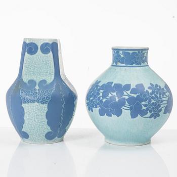 Josef Ekberg, vases, 2 pcs, flint porcelain, "Sgraffito", Gustavsberg 1914 and 1920.